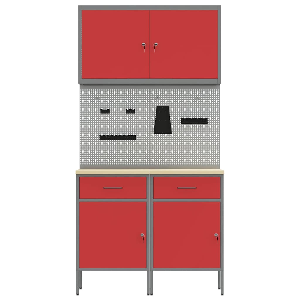 Work Cabinet with Drawer 5 pcs Red Engineered wood and steel