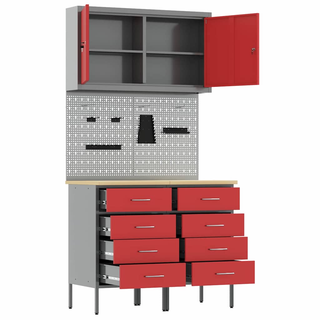 Work Cabinet 5 pcs Red and Grey Engineered wood and steel