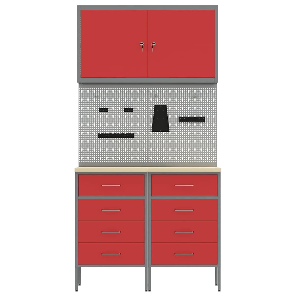 Work Cabinet 5 pcs Red and Grey Engineered wood and steel