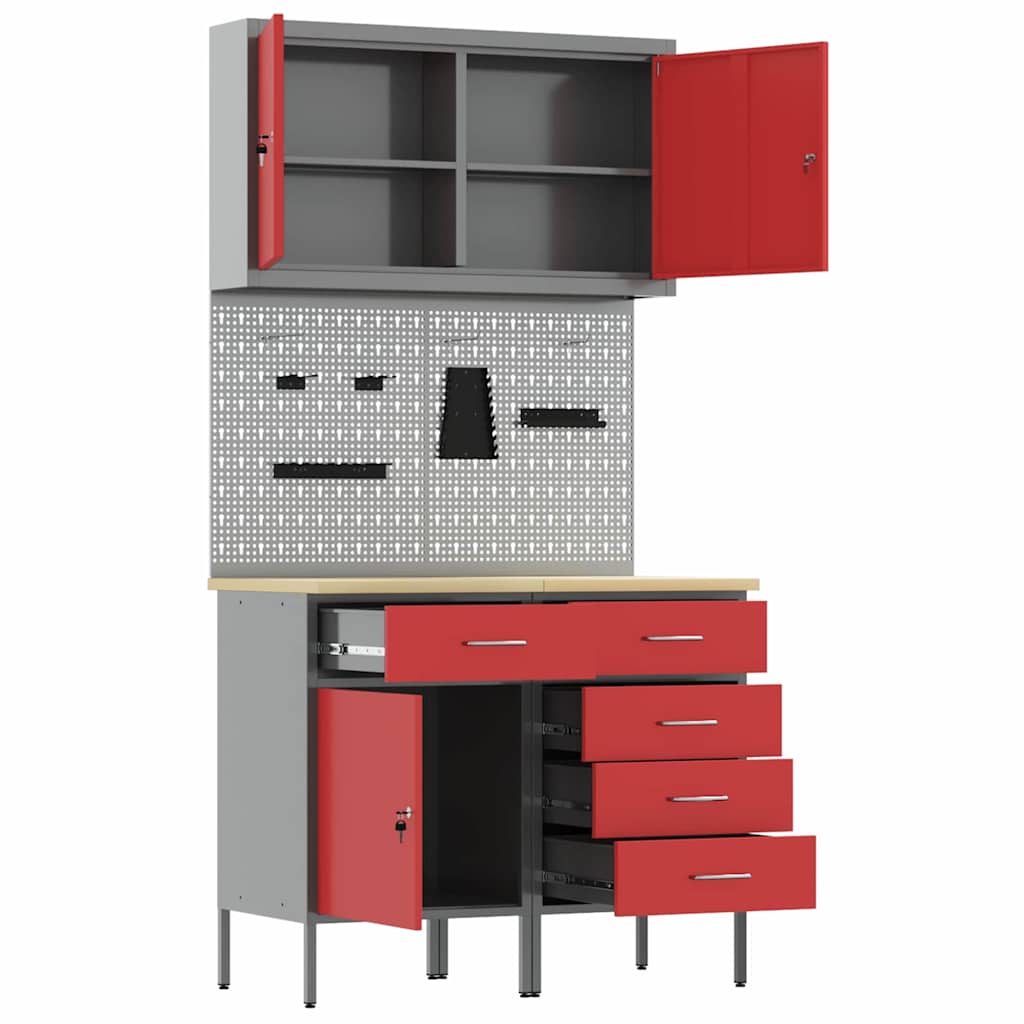 Work Cabinet with Drawer 5 pcs Red Engineered wood and steel
