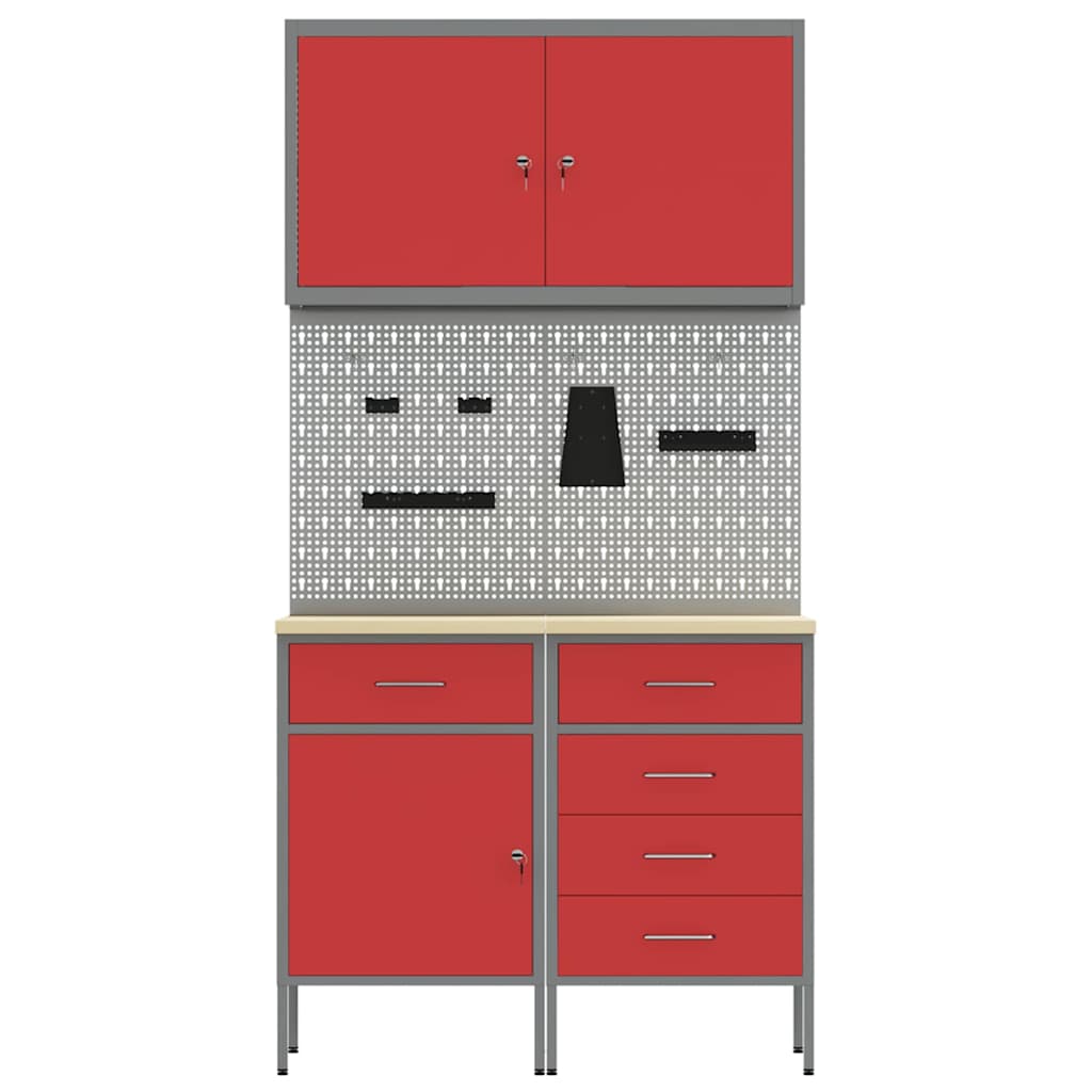 Work Cabinet with Drawer 5 pcs Red Engineered wood and steel