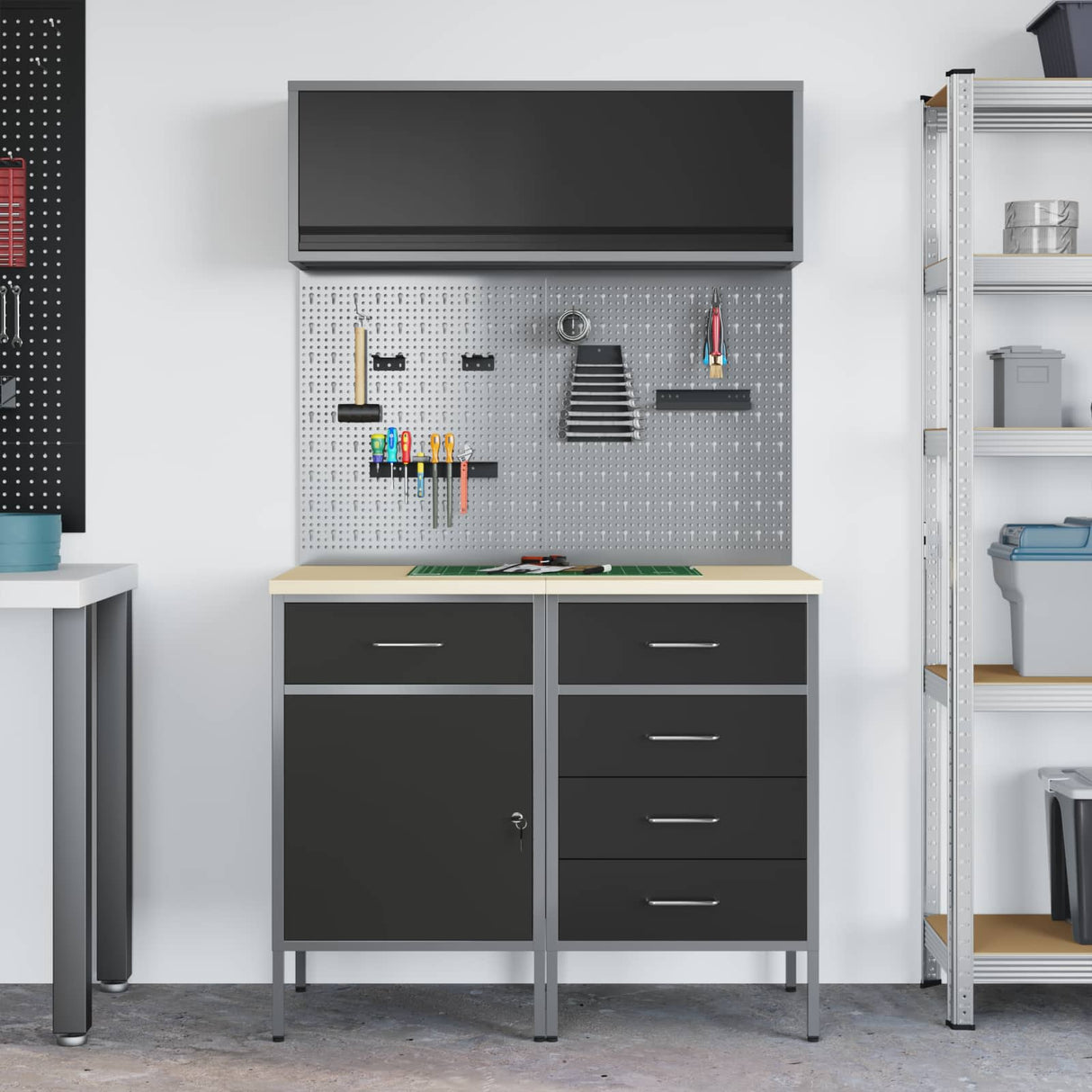 Work Cabinet Set with Drawer with Shelf Manual 5 pcs Black