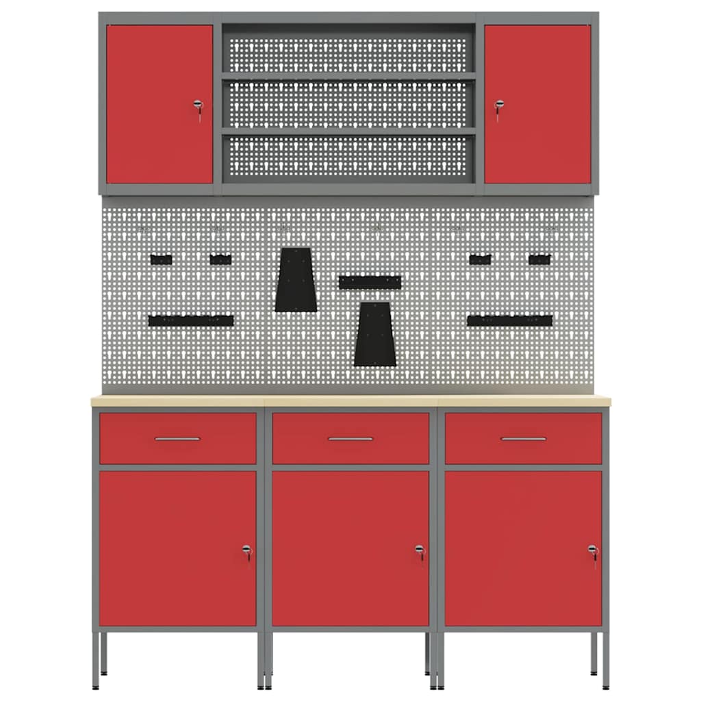 Work Cabinet with Drawer 7 pcs Red Engineered wood and steel