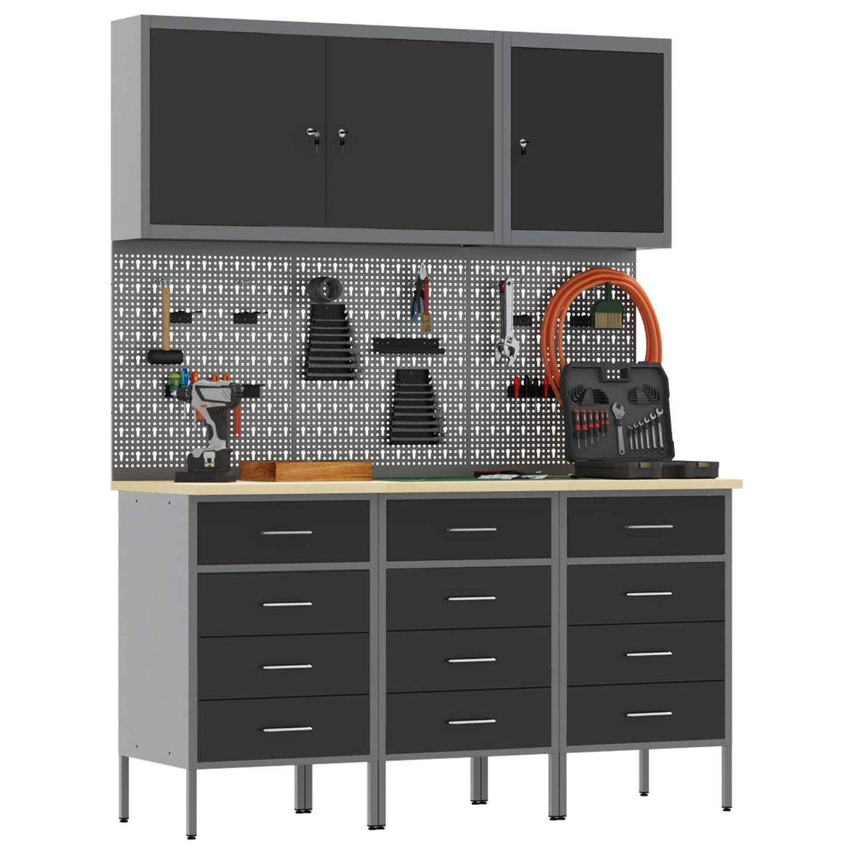 Work Cabinet with Drawer 8 pcs Black Engineered wood and steel