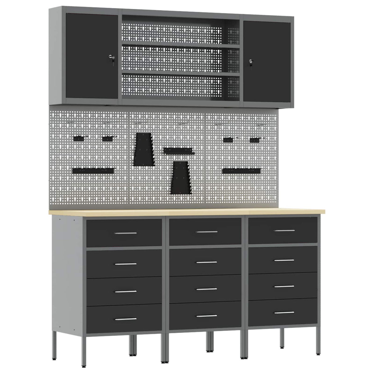 Work Cabinet with Drawer 7 pcs Black Engineered wood and steel