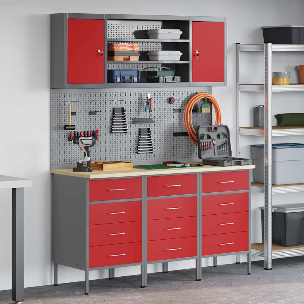 Work Cabinet with Drawer 7 pcs Red Engineered wood and steel