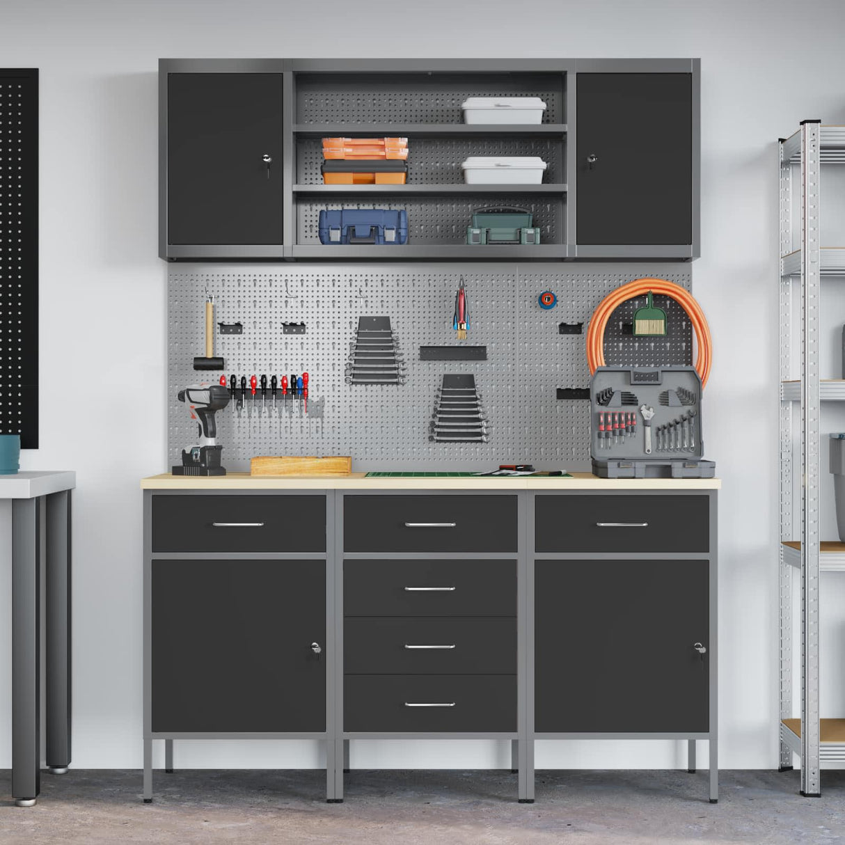 Work Cabinet with Drawer 7 pcs Black Engineered wood and steel