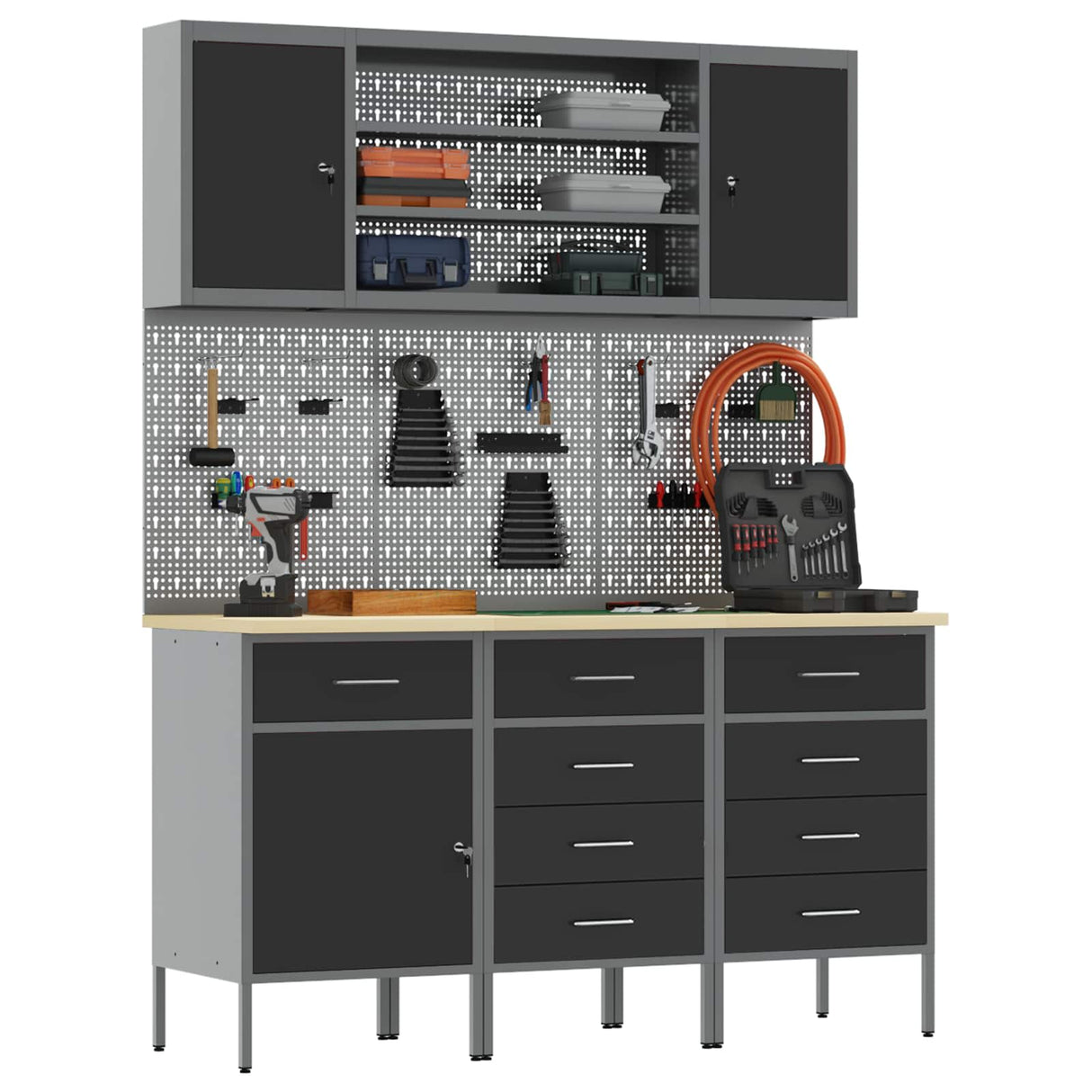 Work Cabinet 7 pcs Black and Grey Engineered wood and steel