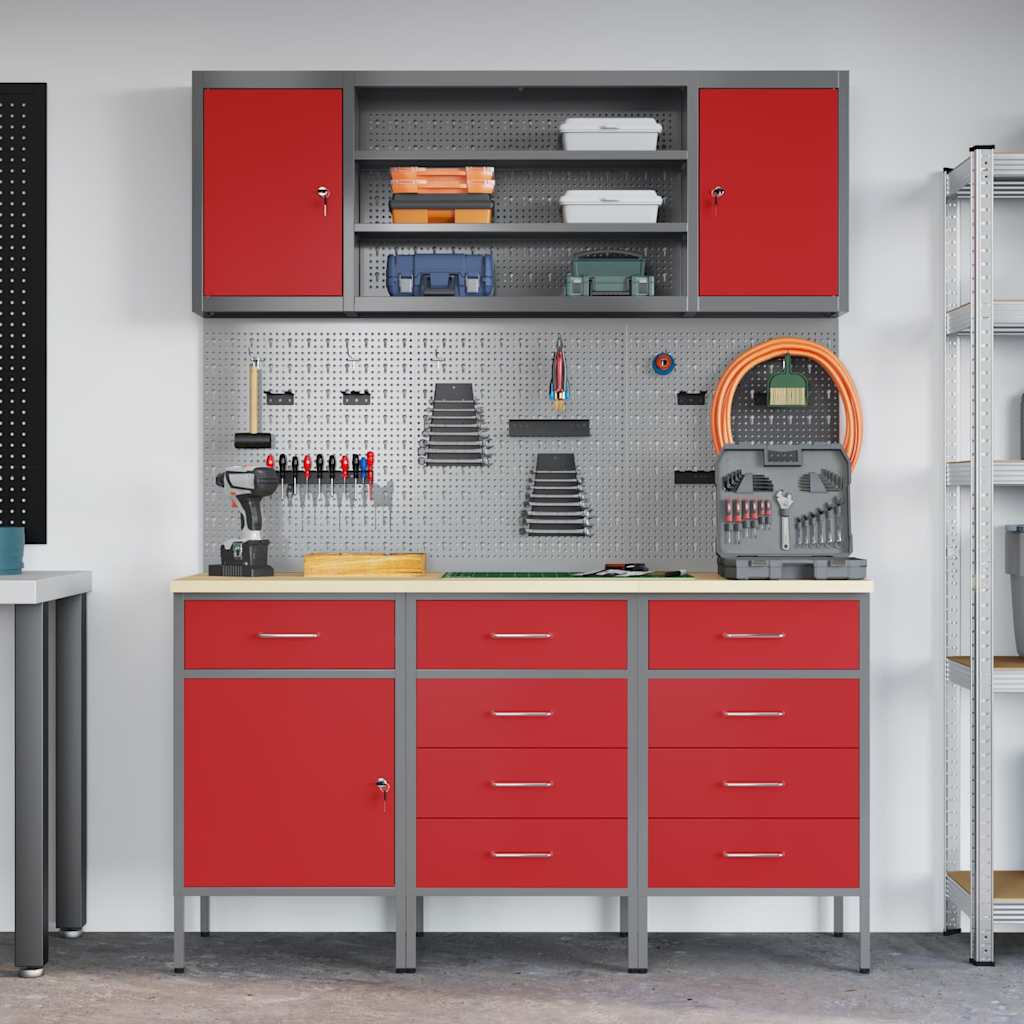 Work Cabinet 7 pcs Red and Grey Engineered wood and steel