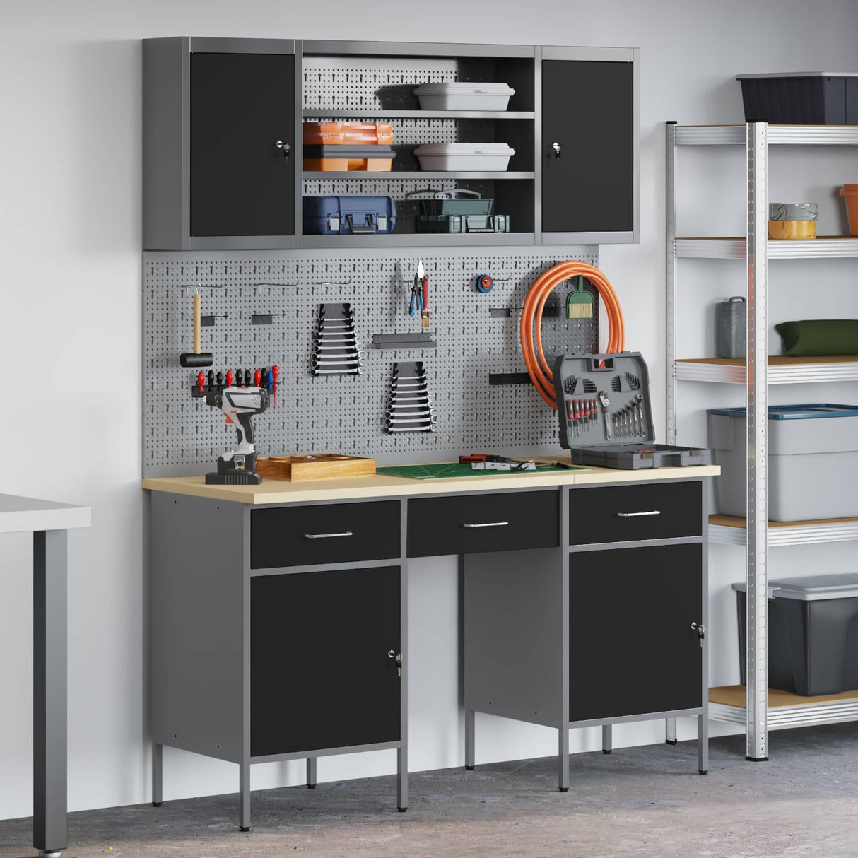 Work Cabinet with Drawer 7 pcs Black Engineered wood and steel