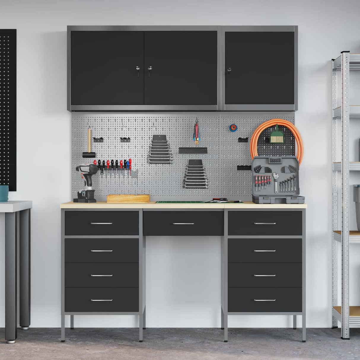 Work Cabinet 8 pcs Black and Grey Engineered wood and steel