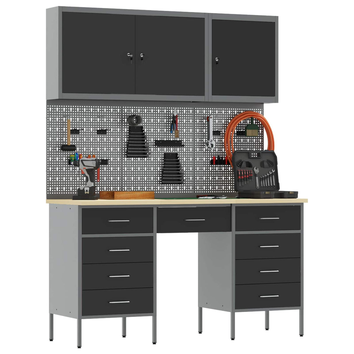 Work Cabinet 8 pcs Black and Grey Engineered wood and steel
