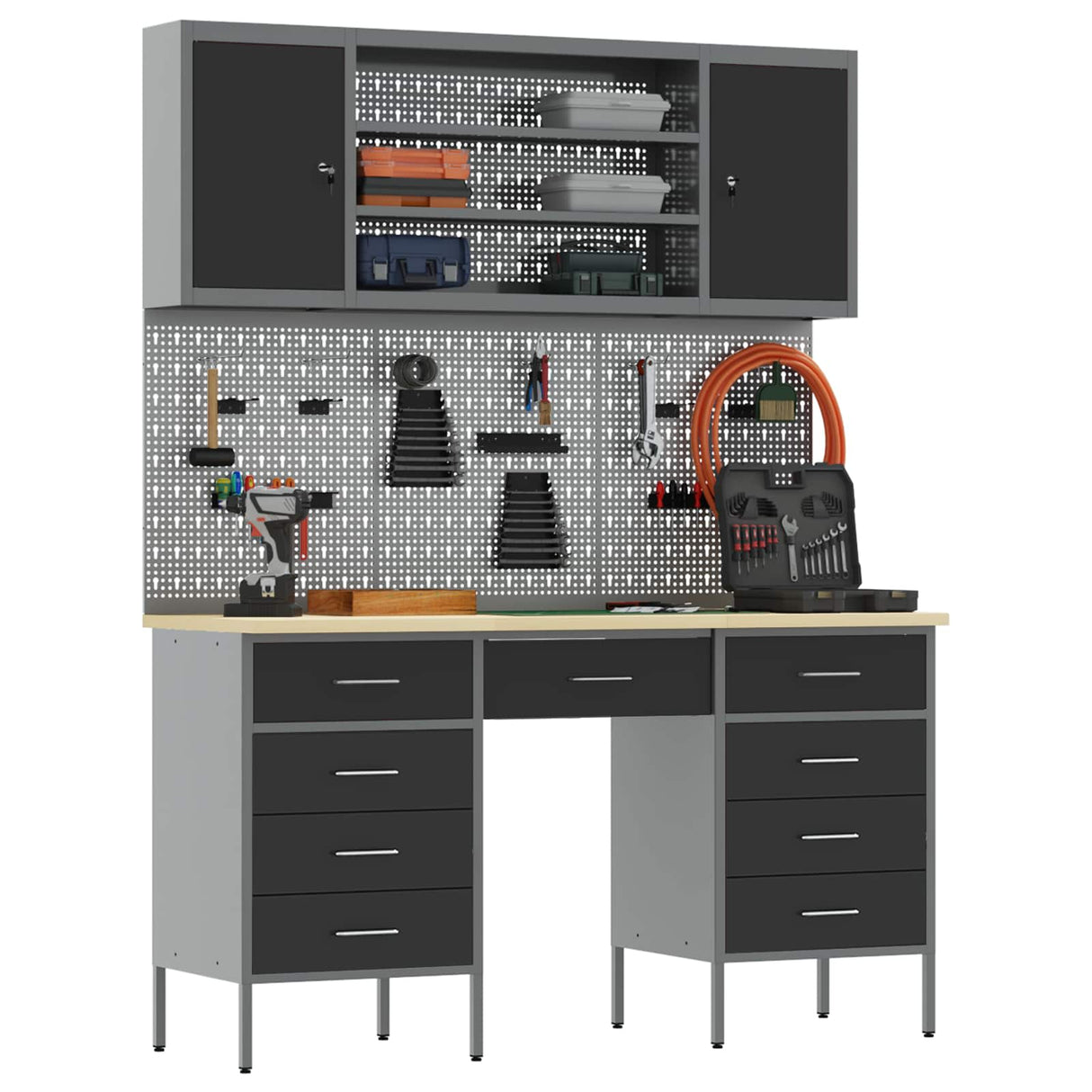 Work Cabinet with Drawer 7 pcs Black Engineered wood and steel