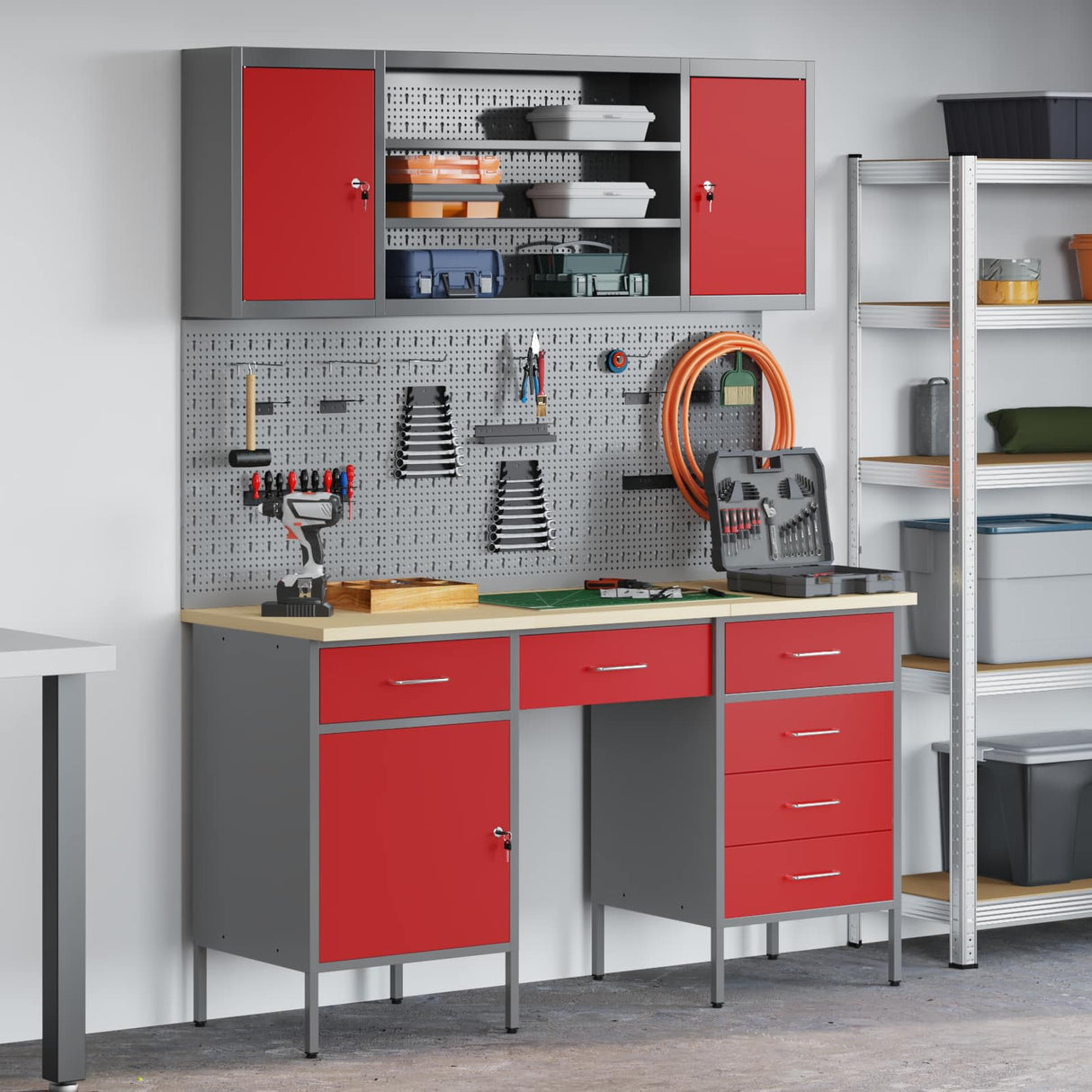 Work Cabinet with Drawer 7 pcs Red Engineered wood and steel