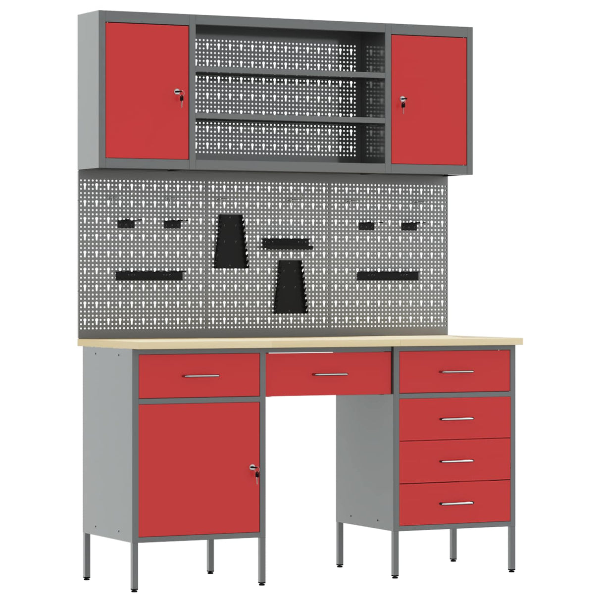 Work Cabinet with Drawer 7 pcs Red Engineered wood and steel