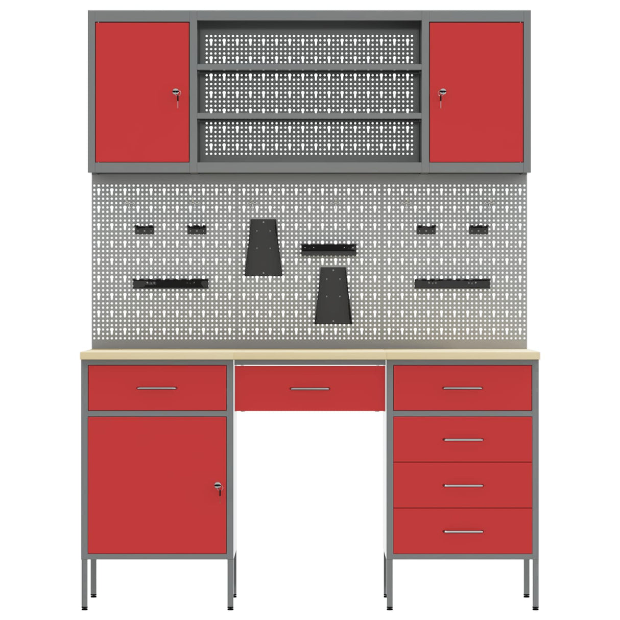Work Cabinet with Drawer 7 pcs Red Engineered wood and steel