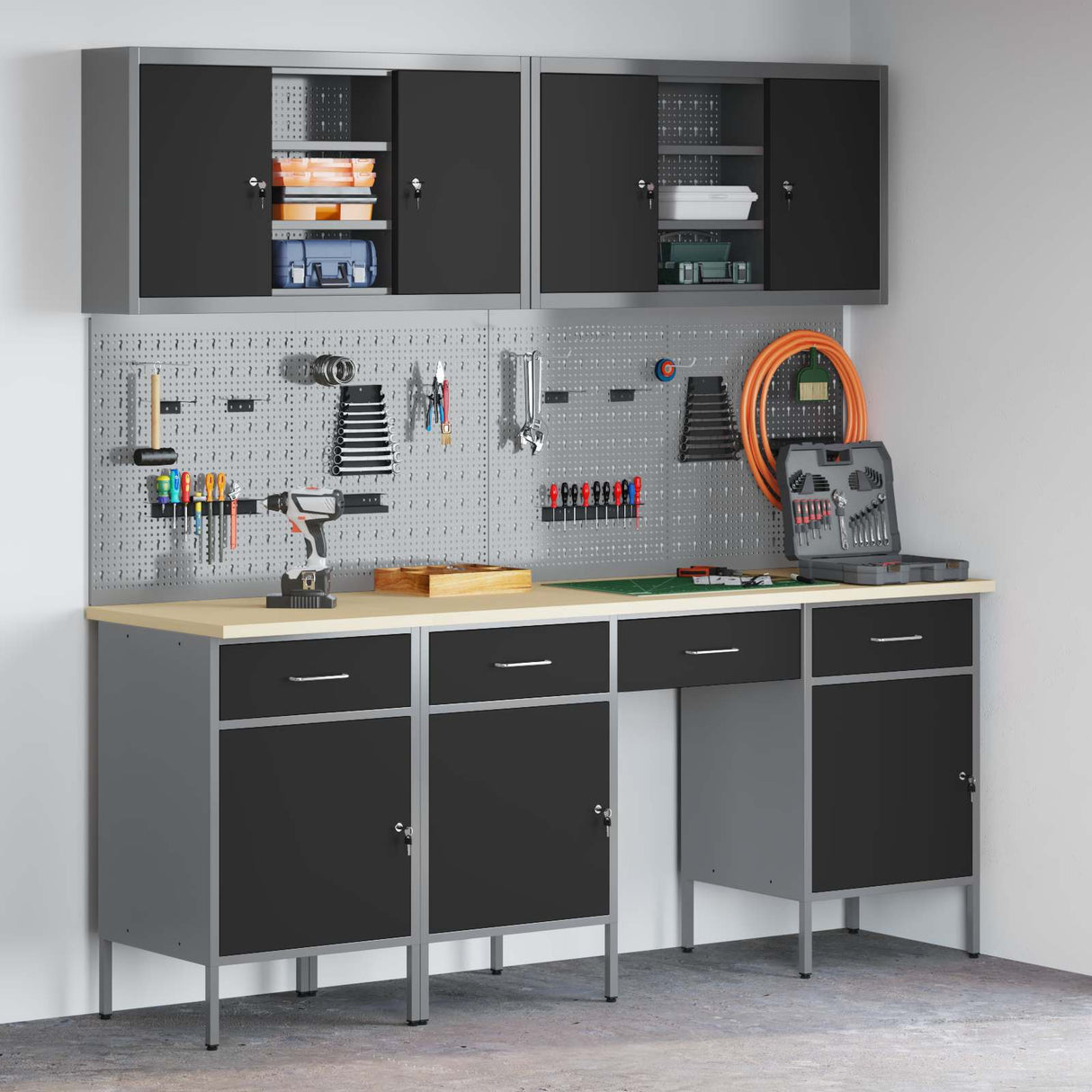 Work Cabinet with Drawer 10 pcs Black Engineered wood and steel