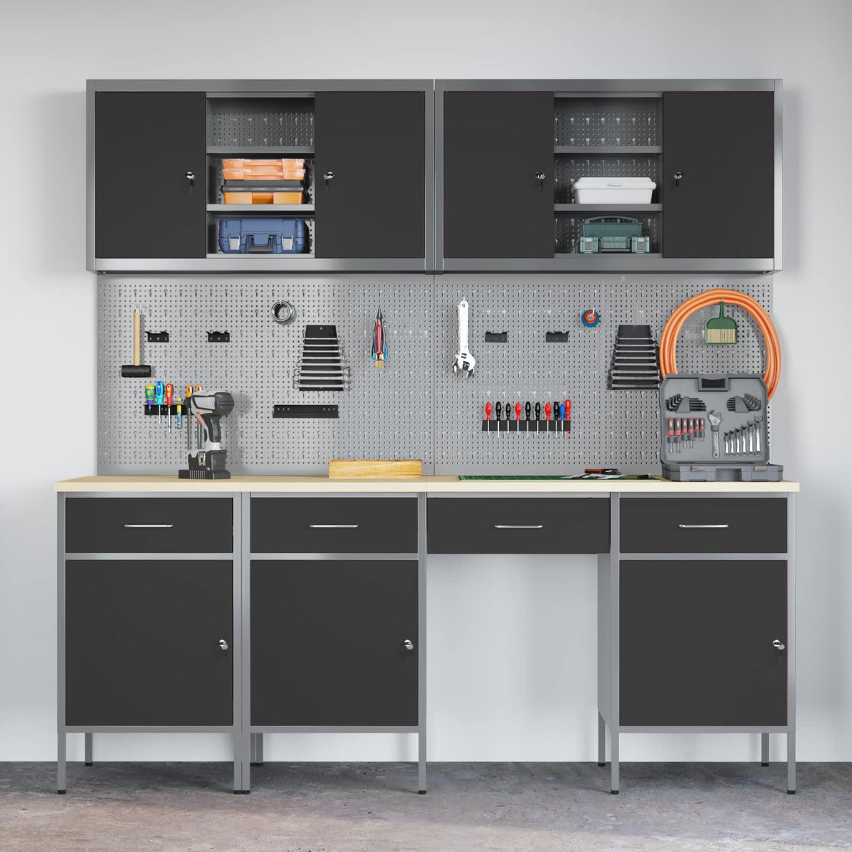 Work Cabinet with Drawer 10 pcs Black Engineered wood and steel