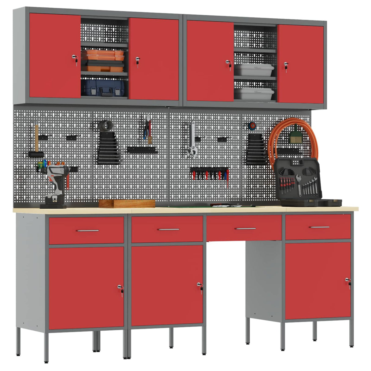Work Cabinet with Drawer 10 pcs Red Engineered wood and steel