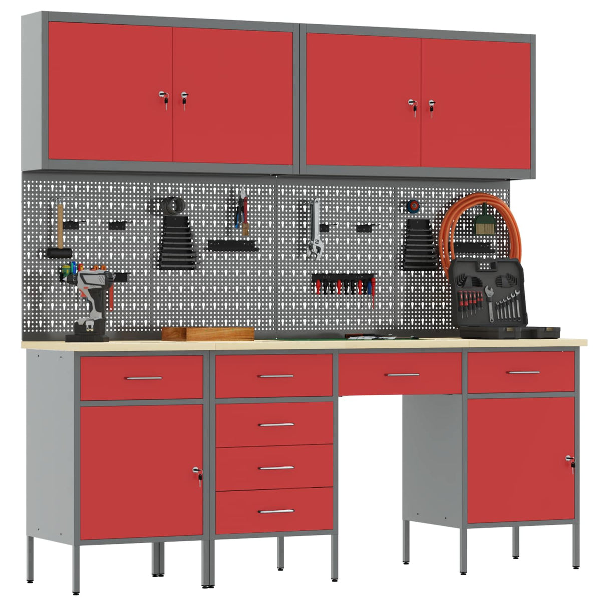 Work Cabinet with Drawer 10 pcs Red Engineered wood and steel