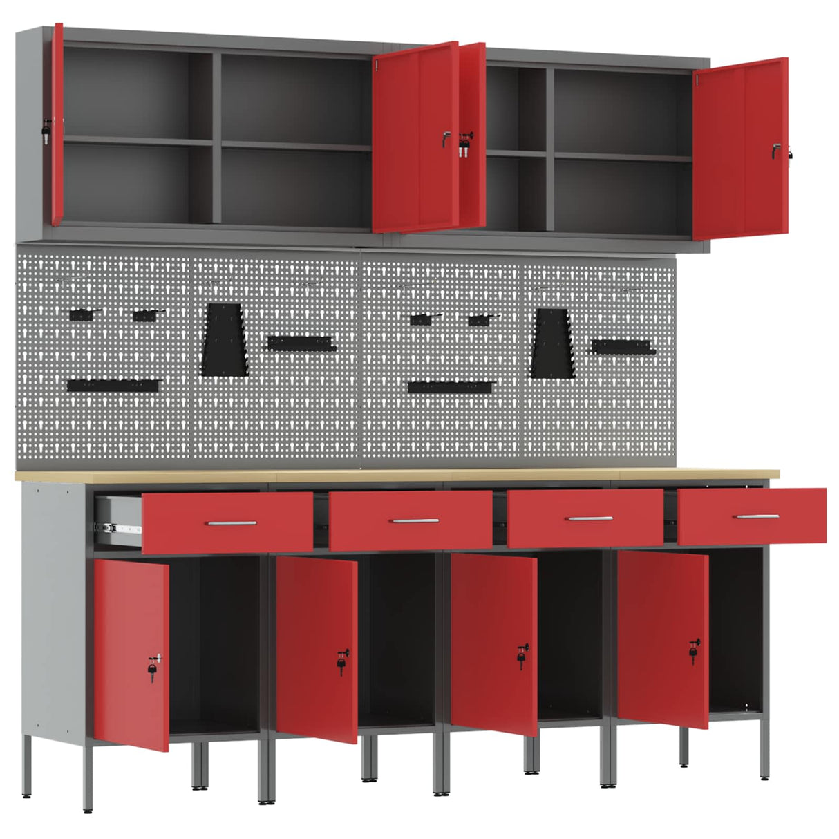 Work Cabinet with Drawer 10 pcs Red Engineered wood and steel