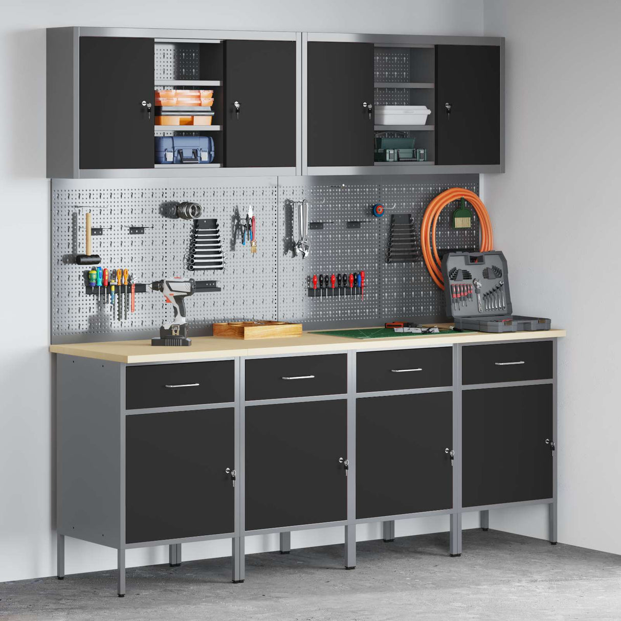 Work Cabinet with Drawer 10 pcs Black Engineered wood and steel