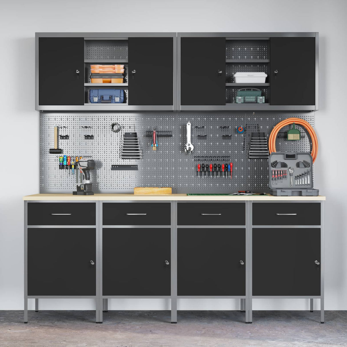 Work Cabinet with Drawer 10 pcs Black Engineered wood and steel