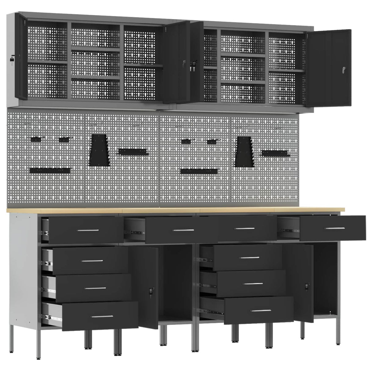 Work Cabinet with Drawer 10 pcs Black Engineered wood and steel