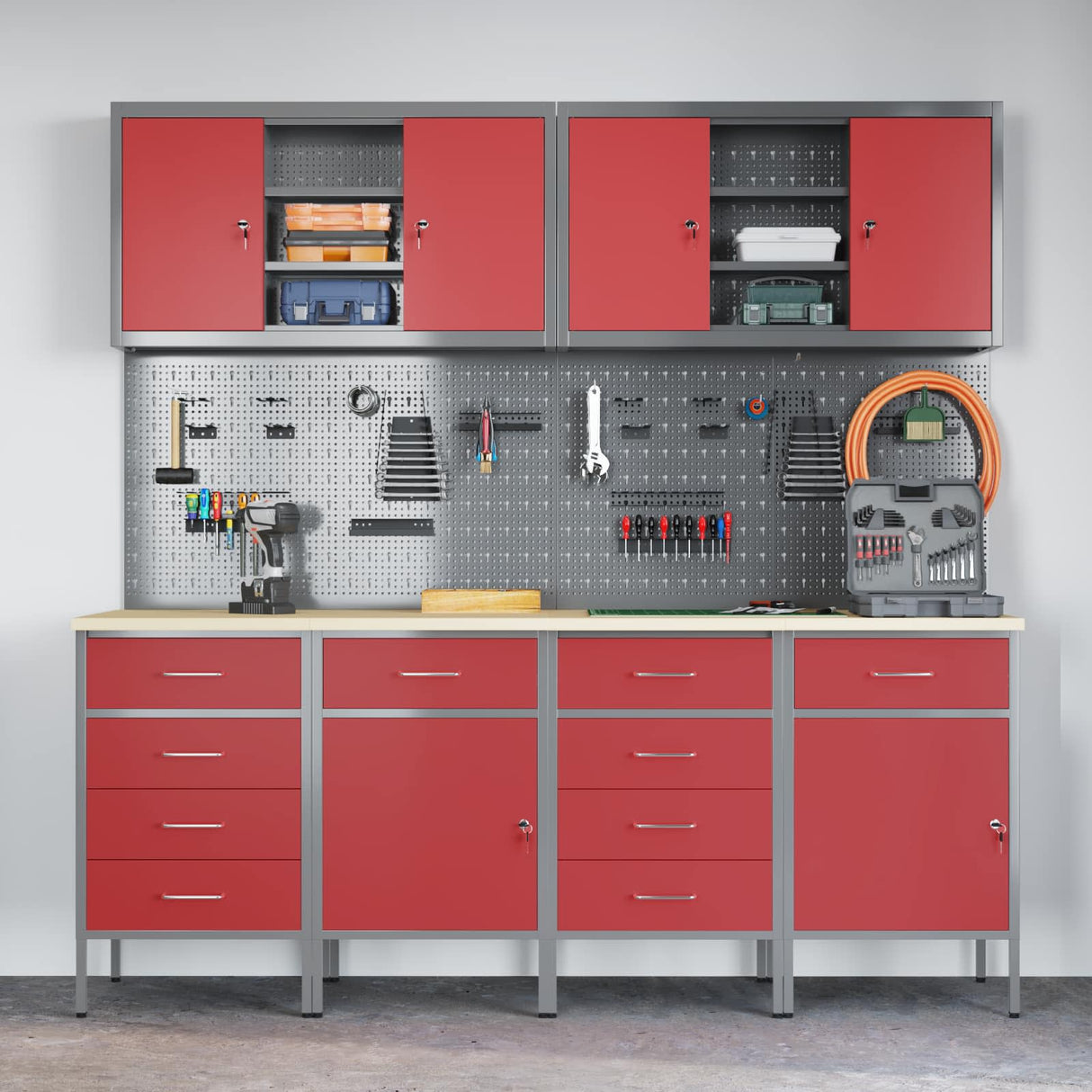 Work Cabinet with Drawer 10 pcs Red Engineered wood and steel