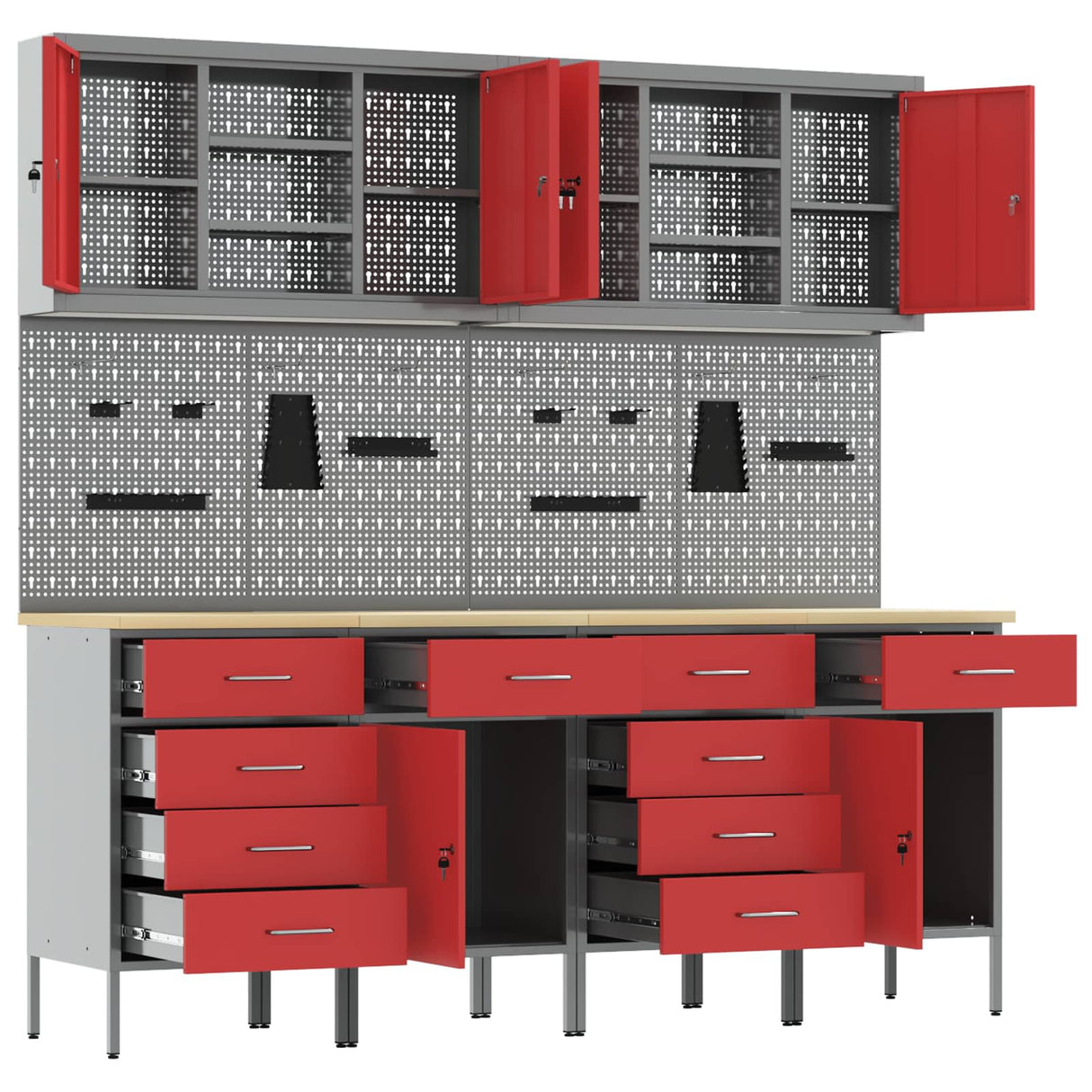 Work Cabinet with Drawer 10 pcs Red Engineered wood and steel