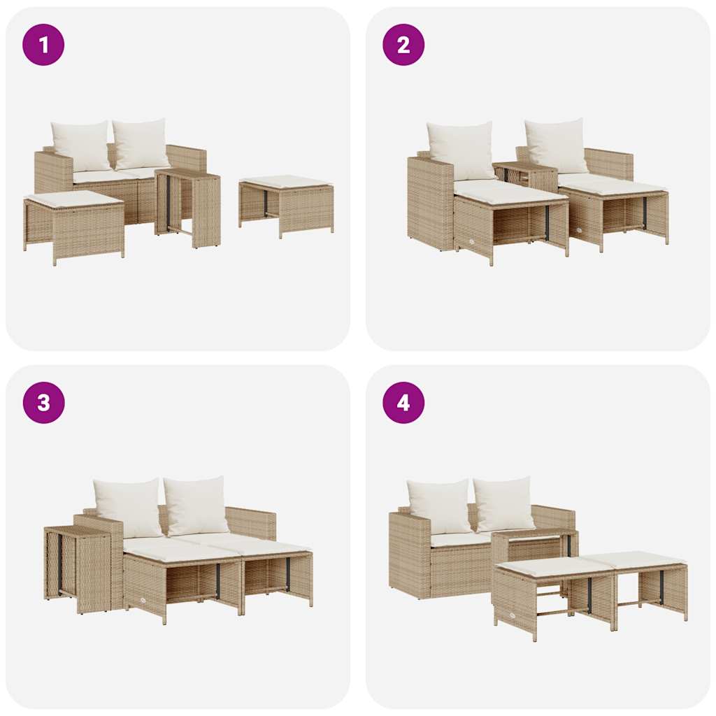 5 Piece Garden Sofa Set with Cushions Stackable Beige Poly Rattan
