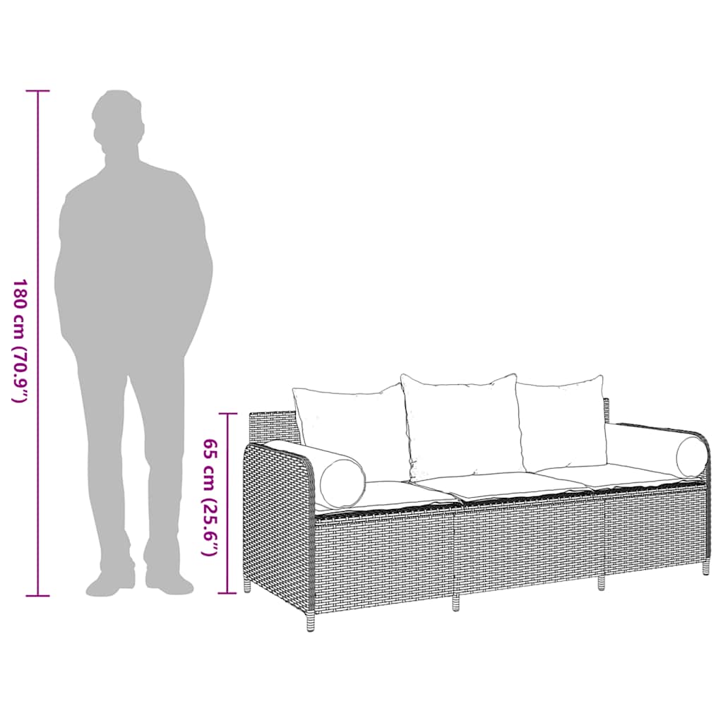 Garden Sofa with Cushions 3-Seater Black Poly Rattan