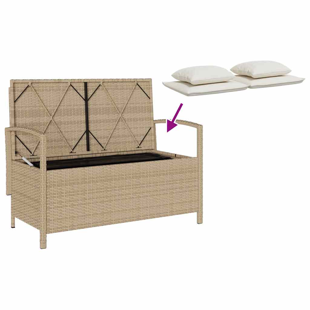 Garden Storage Bench with Cushion Beige Poly Rattan