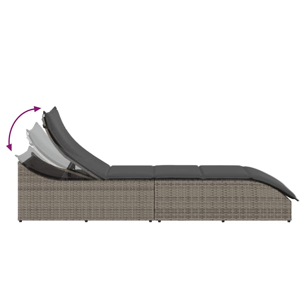 Folding Sun Lounger with Cushion and Storage Grey Poly Rattan