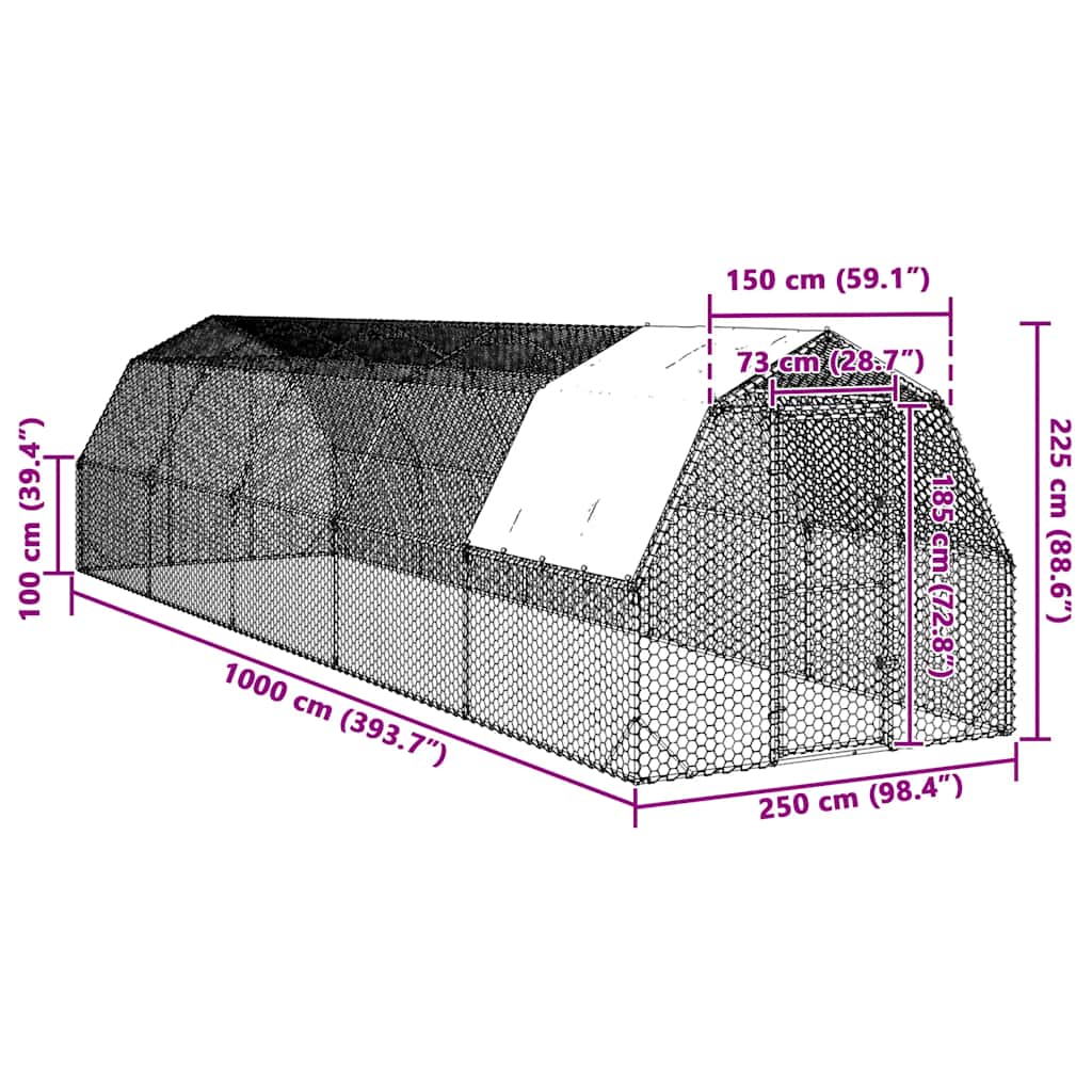 Chicken Run with Roof 2.5x10x2.25 m Galvanised Steel