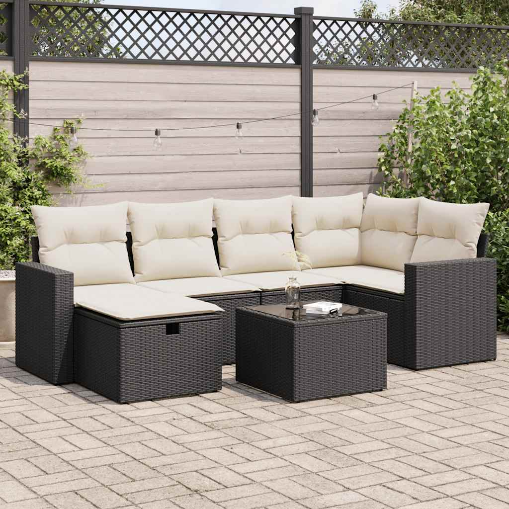 7 Piece Garden Sofa Set with Cushions Black Poly Rattan