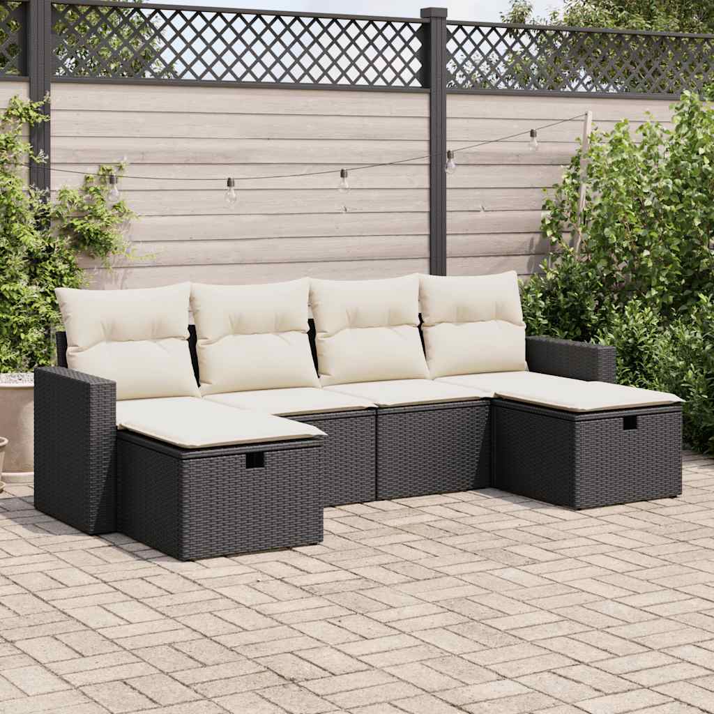 6 Piece Garden Sofa Set with Cushions Black Poly Rattan