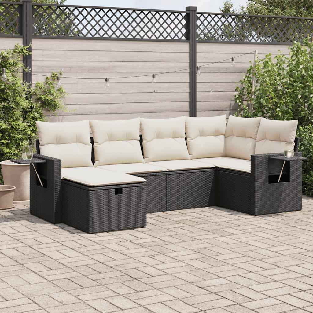 6 Piece Garden Sofa Set with Cushions Black Poly Rattan