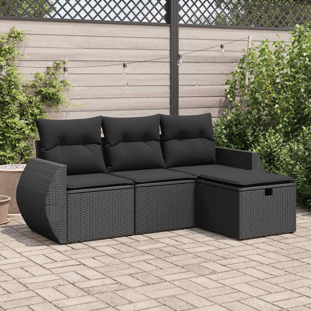 4 Piece Garden Sofa Set with Cushions Black Poly Rattan