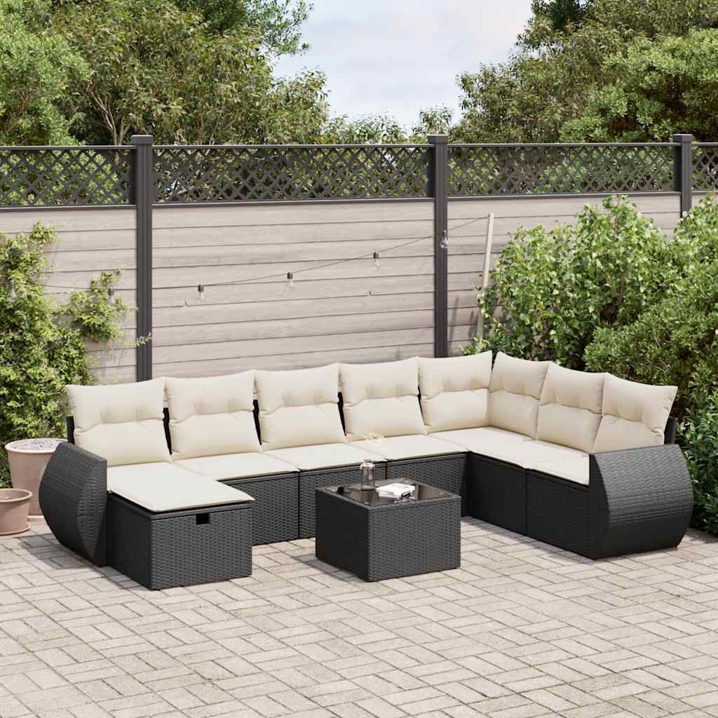 9 Piece Garden Sofa Set with Cushions Black Poly Rattan