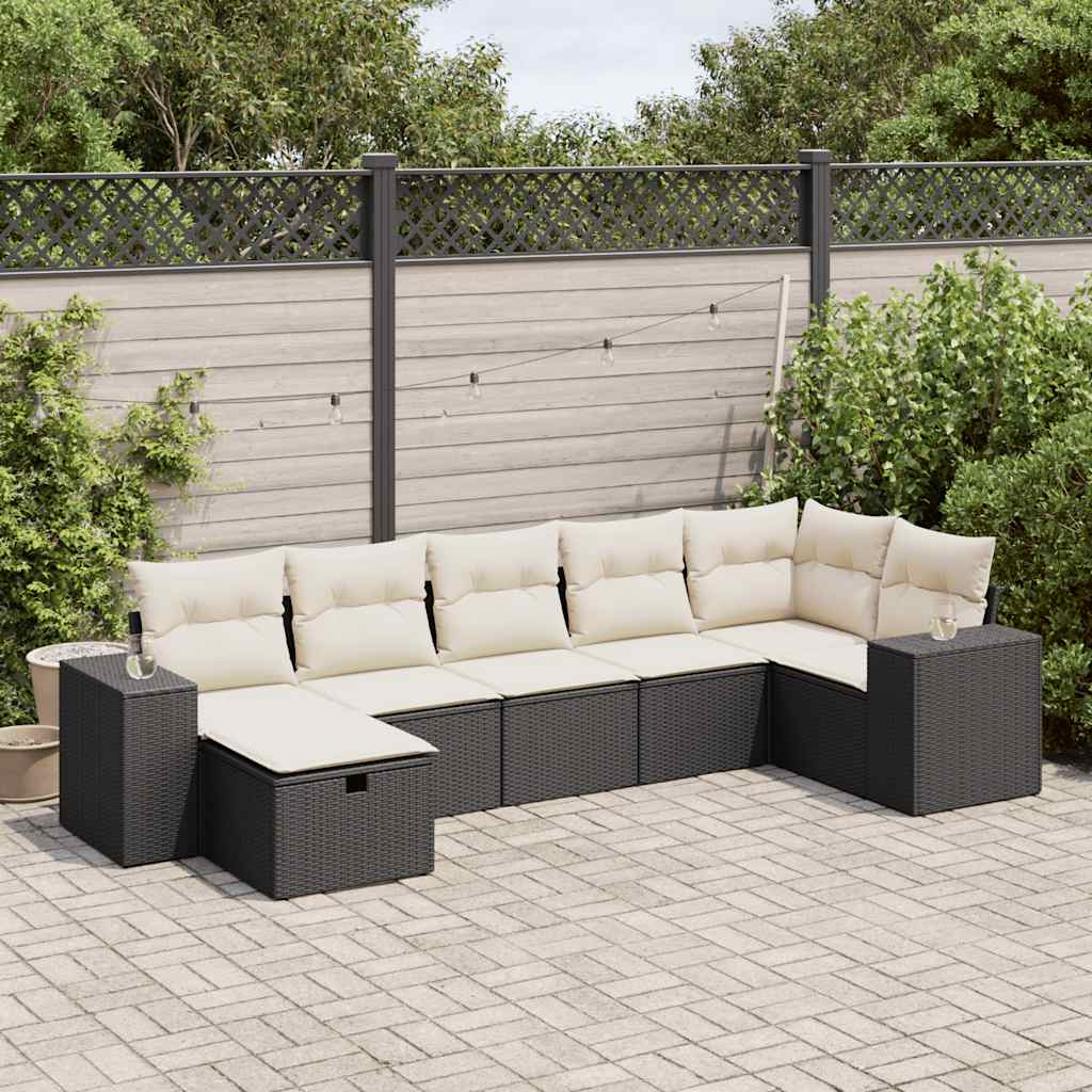 7 Piece Garden Sofa Set with Cushions Black Poly Rattan
