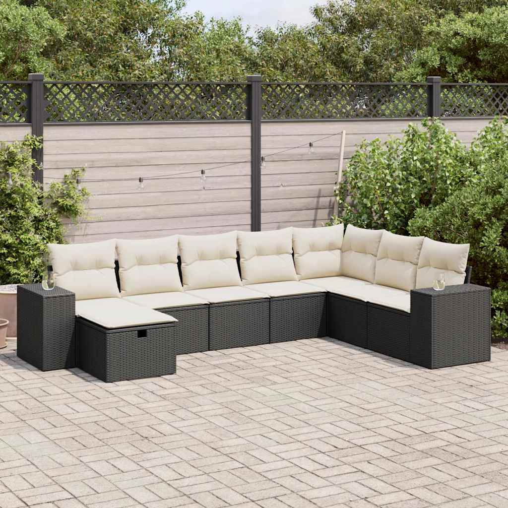 8 Piece Garden Sofa Set with Cushions Black Poly Rattan