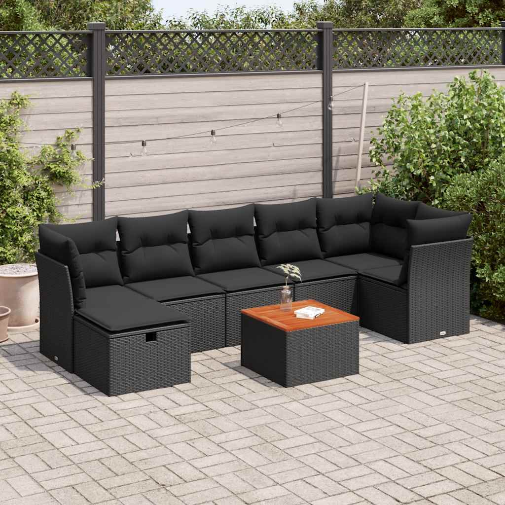 8 Piece Garden Sofa Set with Cushions Black Poly Rattan
