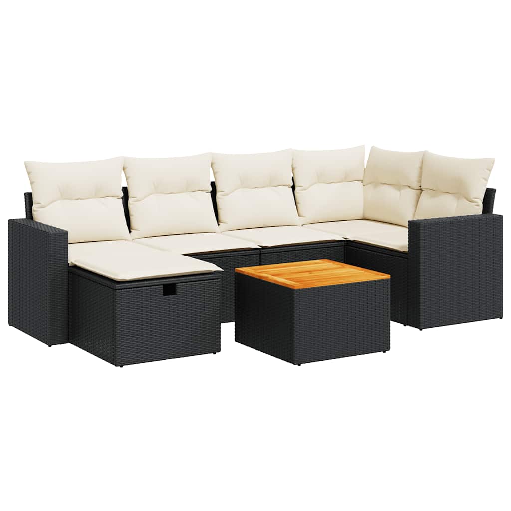 7 Piece Garden Sofa Set with Cushions Black Poly Rattan