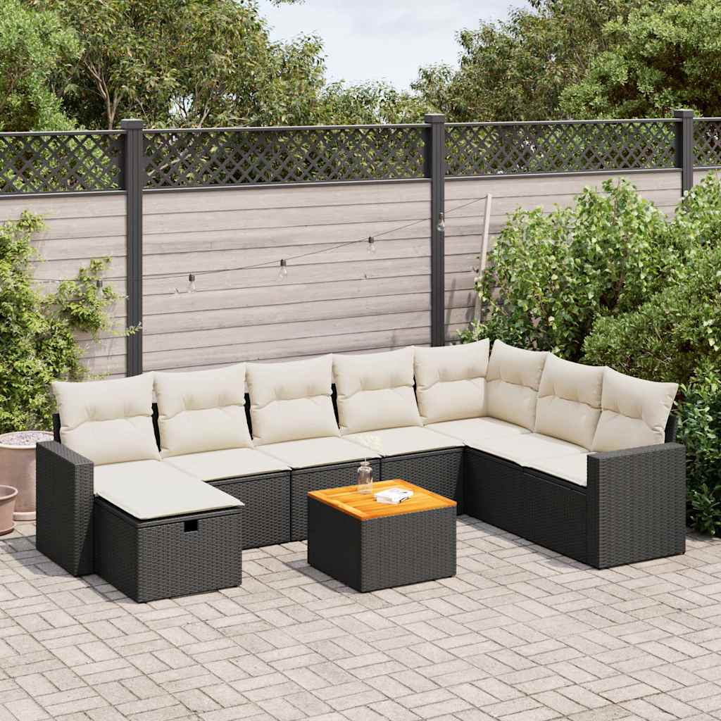 9 Piece Garden Sofa Set with Cushions Black Poly Rattan