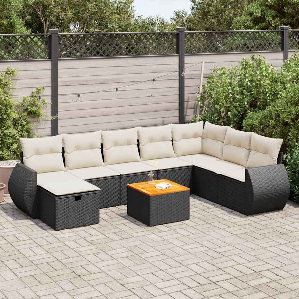 9 Piece Garden Sofa Set with Cushions Black Poly Rattan