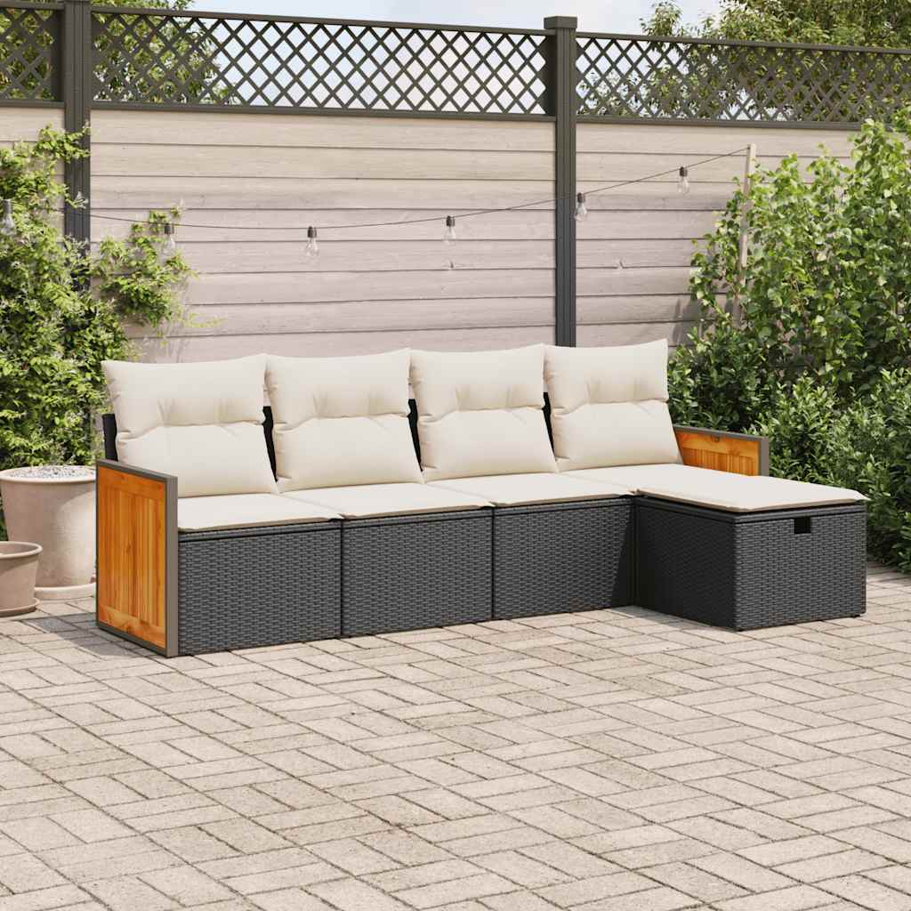 5 Piece Garden Sofa Set with Cushions Black Poly Rattan