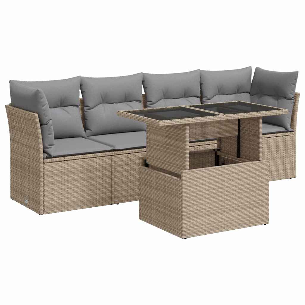 5 Piece Garden Sofa Set with Cushions Beige Poly Rattan
