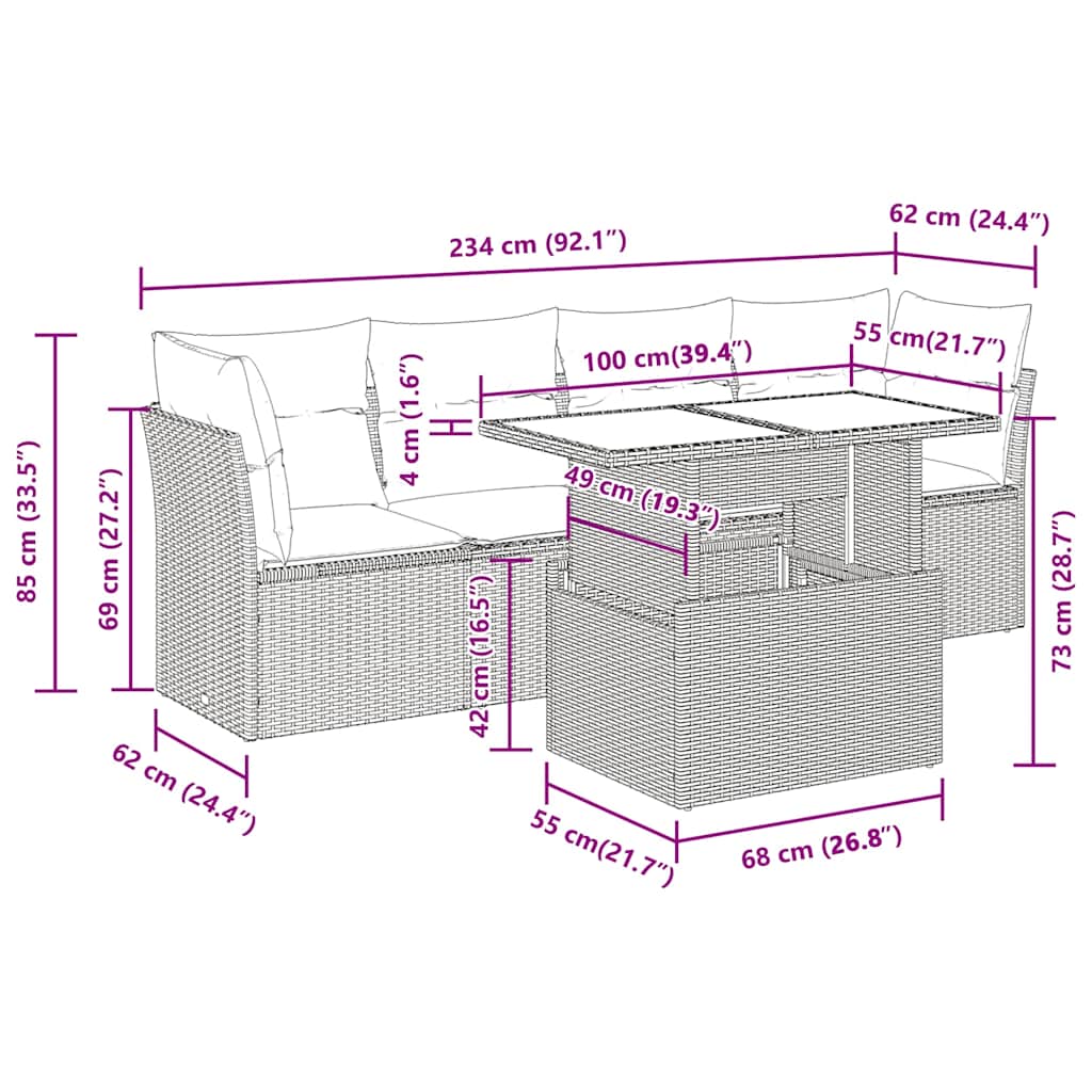 5 Piece Garden Sofa Set with Cushions Beige Poly Rattan