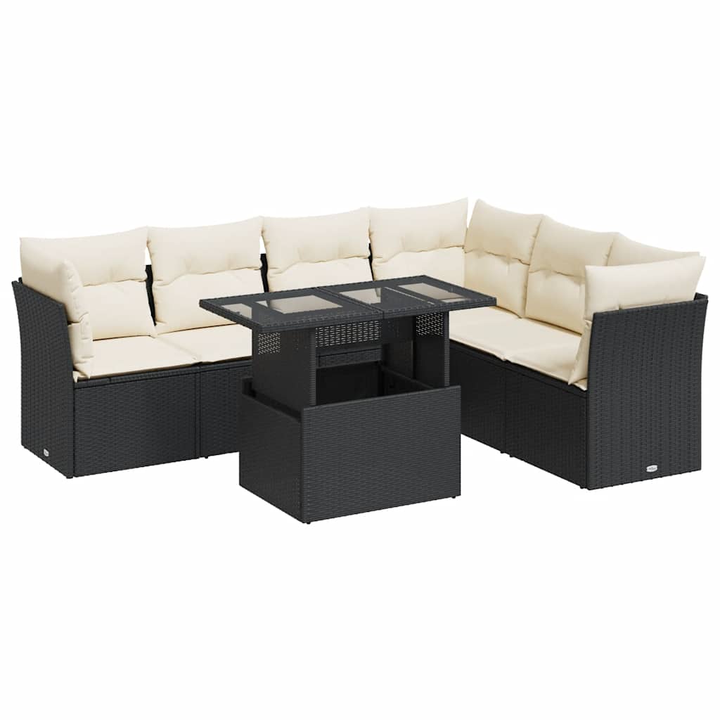 7 Piece Garden Sofa Set with Cushions Black Poly Rattan